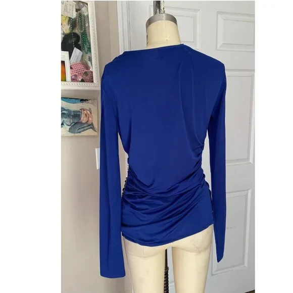 CARMEN Marc Valvo INDIGO Slinky Ruched Zip Side Mock Wrap Blouse Shirt *SMALL* - Picture 5 of 6